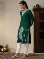 House of Chikankari Ethnic Motifs Embroidered Thread Work Woollen Straight Kurta - Image 4