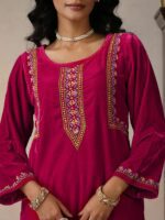 House of Chikankari Ethnic Motifs Embroidered Velvet Straight Kurta With Trouser - Image 2