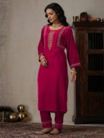 House of Chikankari Ethnic Motifs Embroidered Velvet Straight Kurta With Trouser - Image 3