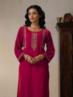 House of Chikankari Ethnic Motifs Embroidered Velvet Straight Kurta With Trouser - Image 5