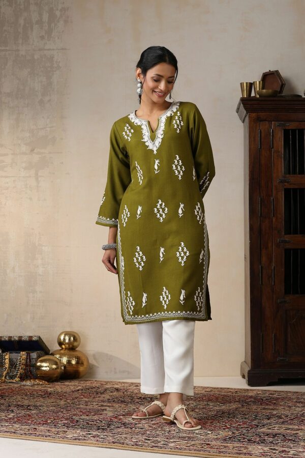 House of Chikankari Ethnic Motifs Embroidered Woollen Straight Kurta