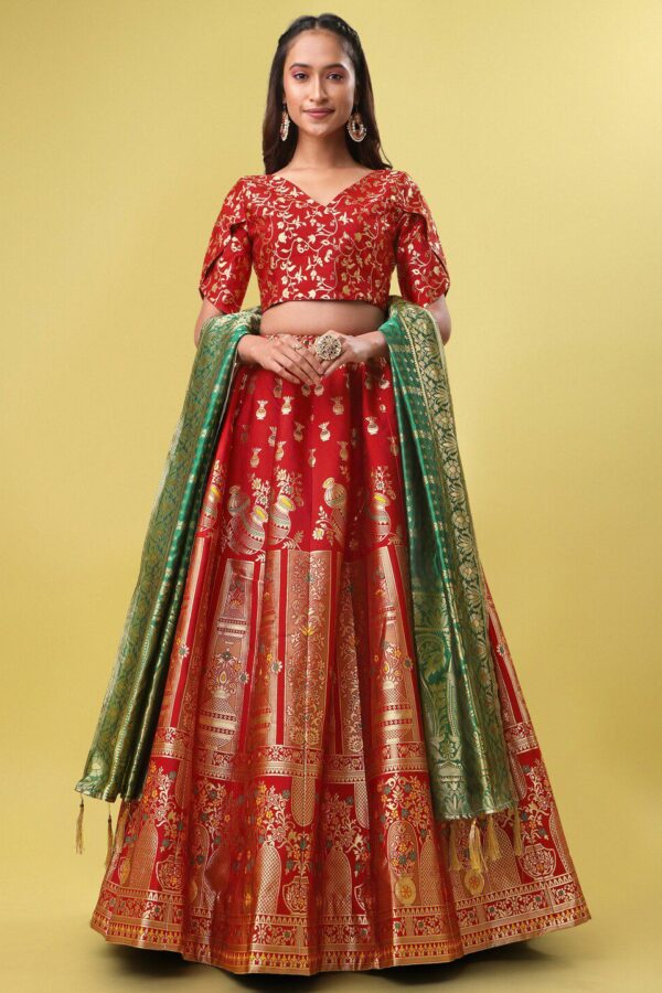PURVAJA Woven Design V-Neck Ready to Wear Lehenga & Unstitched Blouse With Dupatta