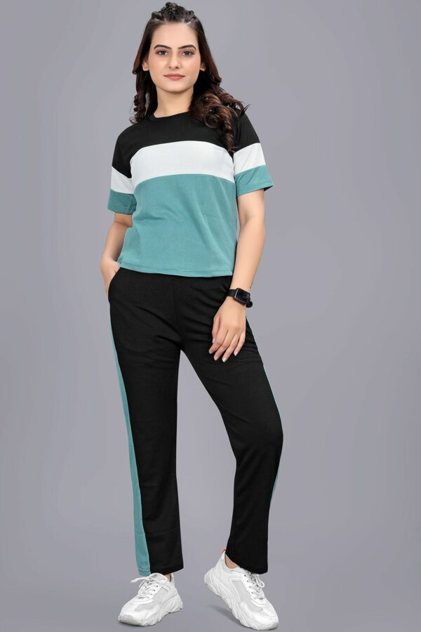 SAKARMAA Women Colourblocked T-Shirt With Trousers Co-Ords