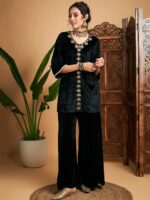 Shae by SASSAFRAS Ethnic Motifs Embroidered V-Neck Velvet Kurta With Palazzo