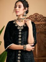 Shae by SASSAFRAS Ethnic Motifs Embroidered V-Neck Velvet Kurta With Palazzo - Image 2