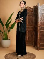 Shae by SASSAFRAS Ethnic Motifs Embroidered V-Neck Velvet Kurta With Palazzo - Image 3
