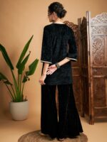 Shae by SASSAFRAS Ethnic Motifs Embroidered V-Neck Velvet Kurta With Palazzo - Image 4