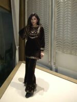 Shae by SASSAFRAS Women Brown & Golden Ethnic Motifs Embroidered Velvet Kurti