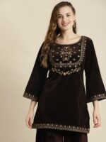 Shae by SASSAFRAS Women Brown & Golden Ethnic Motifs Embroidered Velvet Kurti - Image 2