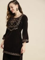 Shae by SASSAFRAS Women Brown & Golden Ethnic Motifs Embroidered Velvet Kurti - Image 4