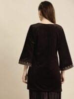 Shae by SASSAFRAS Women Brown & Golden Ethnic Motifs Embroidered Velvet Kurti - Image 5