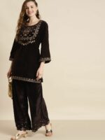 Shae by SASSAFRAS Women Brown & Golden Ethnic Motifs Embroidered Velvet Kurti - Image 6