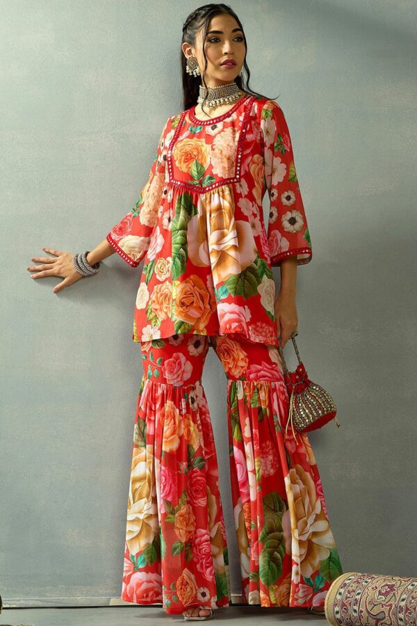 Shae by SASSAFRAS Women Floral Printed Regular Mirror Work Kurti with Sharara