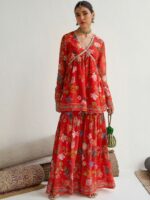Shae by SASSAFRAS Women Floral Printed Regular Sequinned Kurta with Sharara