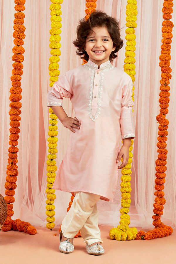 Boys' Pink And Cream Kurta And Pyjama Set