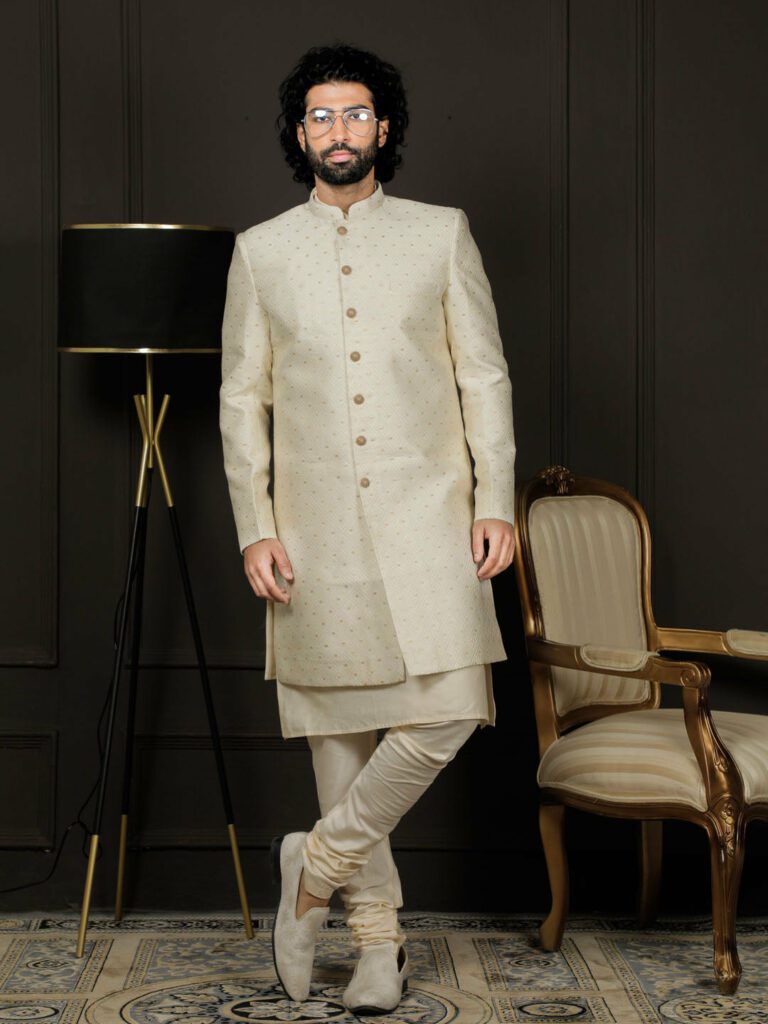 Cream Viscose Sherwani Set