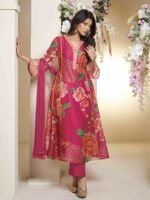Bhama Couture Jennifer Winget Printed Chanderi Silk Anarkali Kurta With Palazzos & Dupatta - Image 5