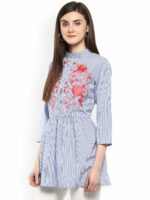 Bhama Couture Women Blue Longline Striped A-Line Pure Cotton Top - Image 3