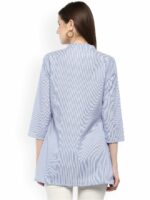 Bhama Couture Women Blue Longline Striped A-Line Pure Cotton Top - Image 4