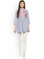Bhama Couture Women Blue Longline Striped A-Line Pure Cotton Top - Image 5