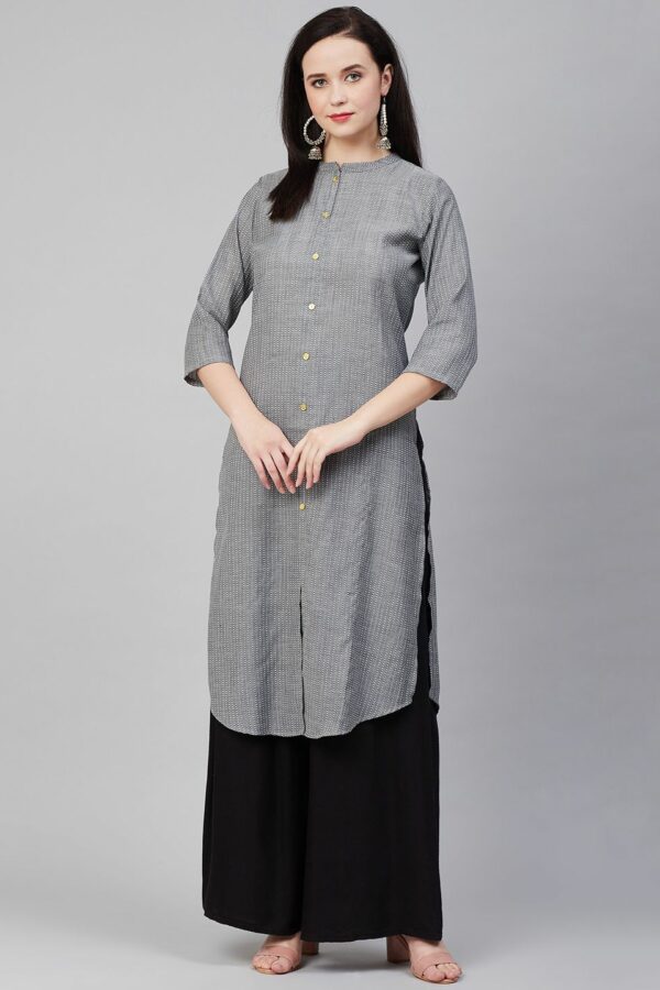 Bhama Couture Women Charcoal Grey & White Self-Striped Straight Kurta