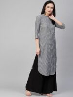 Bhama Couture Women Charcoal Grey & White Self-Striped Straight Kurta - Image 4