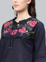 Bhama Couture Women Navy Blue Embroidered A-Line Pure Cotton Top - Image 2
