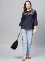 Bhama Couture Women Navy Blue Embroidered A-Line Pure Cotton Top - Image 5