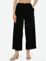 Biba Women Black Solid Wide Leg Velvet Ethnic Palazzos
