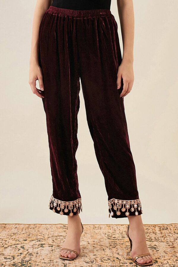 First Resort by Ramola Bachchan Mirror Lace Detail Velvet Palazzos