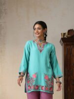 House of Chikankari Floral Embroidered Round Neck Thread Work Straight Woollen Kurti - Image 2