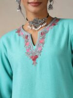 House of Chikankari Floral Embroidered Round Neck Thread Work Straight Woollen Kurti - Image 3