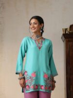 House of Chikankari Floral Embroidered Round Neck Thread Work Straight Woollen Kurti - Image 4