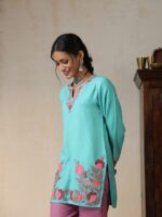 House of Chikankari Floral Embroidered Round Neck Thread Work Straight Woollen Kurti - Image 5