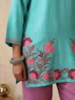 House of Chikankari Floral Embroidered Round Neck Thread Work Straight Woollen Kurti - Image 7