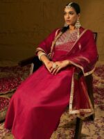 Indo Era Ethnic Motifs Yoke Design Sequinned Liva Straight Kurta with Trousers & Dupatta