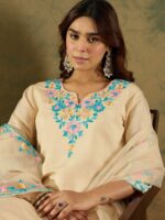 Indo Era Floral Embroidered Thread Work Kurta With Trousers & Dupatta - Image 2