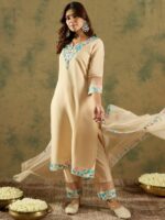 Indo Era Floral Embroidered Thread Work Kurta With Trousers & Dupatta - Image 4