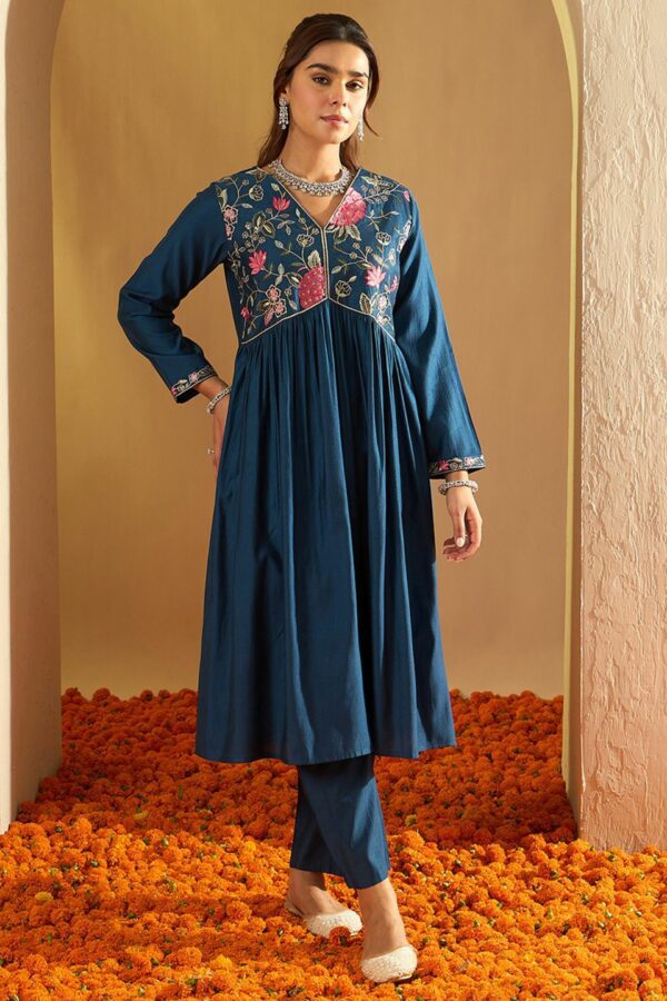 Indo Era Floral Yoke Design Empire A-Line Sequinned Liva Kurta with Trousers