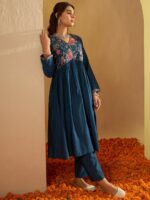 Indo Era Floral Yoke Design Empire A-Line Sequinned Liva Kurta with Trousers - Image 4