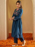 Indo Era Floral Yoke Design Empire A-Line Sequinned Liva Kurta with Trousers - Image 5