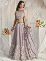 Lavender - Multi-Color Thread,Sequin Heavy Embroidered Pastel Color Chiffon Semi-Stitched Lehenga - Image 2