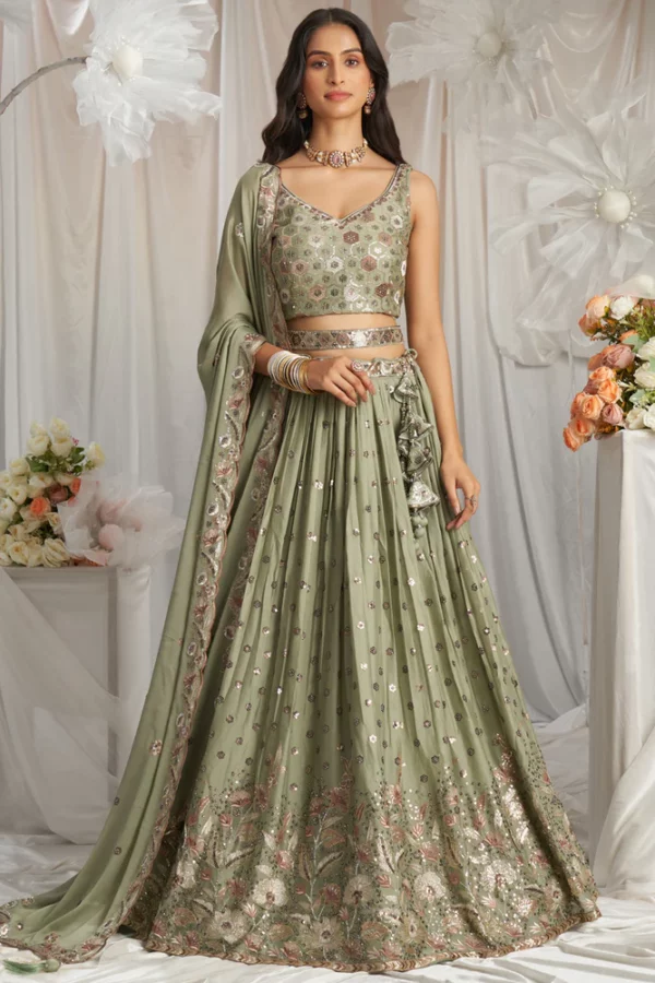 Limegreen - Golden Dull-Bright Sequin,Golden-Sliver Threaded Embroidered Georgette Semi-Stitched Lehenga choli