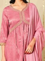 MEESAN Women Embroidered Empire Sequinned Velvet Kurta with Trousers & With Dupatta - Image 2