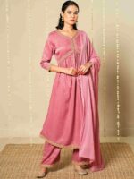 MEESAN Women Embroidered Empire Sequinned Velvet Kurta with Trousers & With Dupatta - Image 3
