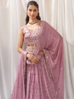 Rosegold - Golden Dull-Bright Sequin,Golden-Sliver Threaded Embroidered Georgette Semi-Stitched Lehenga choli - Image 4