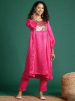 Sangria Sheen Finish Sequin Embellished Velvet A-Line Kurta Set - Image 3