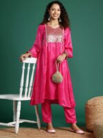 Sangria Sheen Finish Sequin Embellished Velvet A-Line Kurta Set - Image 6