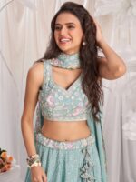 Seagreen - Multi-Color Thread,Sequin Heavy Embroidered Pastel Color Chiffon Semi-Stitched Lehenga - Image 5
