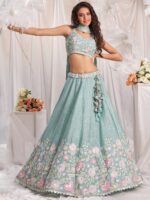 Seagreen - Multi-Color Thread,Sequin Heavy Embroidered Pastel Color Chiffon Semi-Stitched Lehenga - Image 3